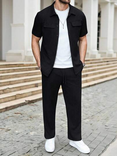 Manfinity Homme Men's Solid Color Front Button Casual Short Sleeve Pants Set,Boyfriend Gift Men Black Outfit Men Black Two Piece Set Black Vacation Outfit Men Men Black Dress Pants And White Top,Weekend Trips, Outdoor Activities, Travel Expeditions, Relaxed Work Environments Or Semi-Formal Occasions, Boyfriend/Husband Gift, Anniversary /Birthday Gift Party Summer Vacation Holiday New Years Wedding Valentine's Day