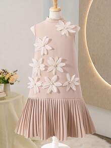 SHEIN Tween Girl Floral Decor Patchwork Pleated Hem Fashionable Cute Mandarin Collar Sleeveless Dress Girls Pleated Dress 3d Flowers Dress Girls Nude Dress - Khaki - View 7