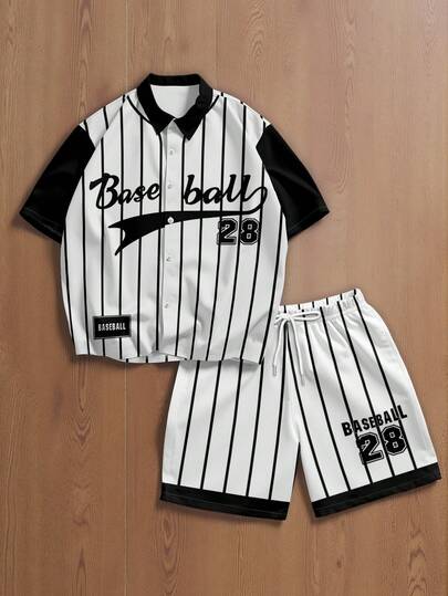 Aesthetic Post Men's Letter Striped Short Sleeve Single-Breasted Shirt And Drawstring Waist Shorts Casual Suit