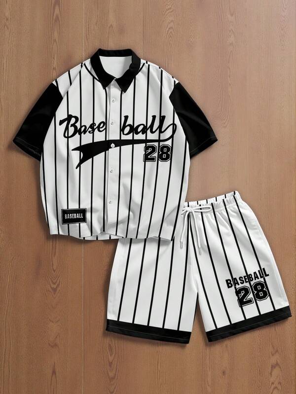 Aesthetic Post Men's Letter Striped Short Sleeve Single-Breasted Shirt And Drawstring Waist Shorts Casual Suit