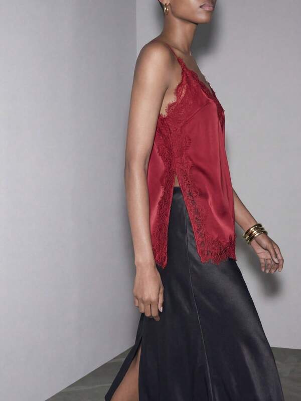 Maija Romantic & Elegant For Valentine's Day Burgundy Satin Lace Patchwork Side Slit Women's Camisole Top Summer