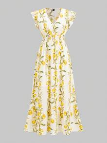 Ellevyn 女士优雅度假水果印花褶皱腰身A字荷叶边连衣裙，适合度假、海滩、夏季、外出、约会、通勤及多种场合。 - 彩色 - 查看 6