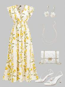 Ellevyn 女士优雅度假水果印花褶皱腰身A字荷叶边连衣裙，适合度假、海滩、夏季、外出、约会、通勤及多种场合。 - 彩色 - 查看 7