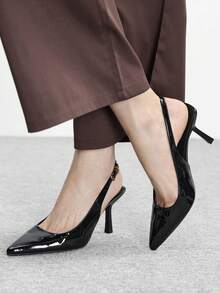 CUCCOO BIZCHIC Women's Pointed Toe Black Patent Leather Metal Buckle Open Toe Fashion Pumps, Elegant For Office And Commute Spring Shoes - Black - View 3