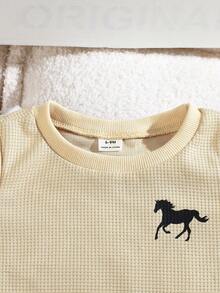 SHEIN Playful Pals 3-Pack Baby Boy Summer Blue Round Neck 2 In 1 Top And Shorts With Hat, Waffle Fabric, Suitable For Daily Outdoor Play, School, Vacation, Elegant Style, Suitable For Family Leisure, Sports And Gatherings - Khaki - View 3