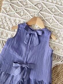 SHEIN 女宝宝度假可爱休闲蓝色蝴蝶结吊带背心和松紧腰短裤套装 - 彩色 - 查看 3