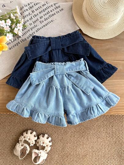 LMoss Kids 2 pièces/set Shorts en jean bleu foncé et bleu clair pour tout-petites filles avec ceinture à nœud à la taille et ourlet à volants, coupe ample