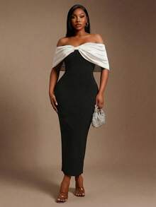 Radiana 大码女士性感优雅黑白撞色大蝴蝶结修身抹胸连衣裙，适合情人节、约会之夜、派对、正式场合、宴会等场合。 - 黑與白 - 查看 2