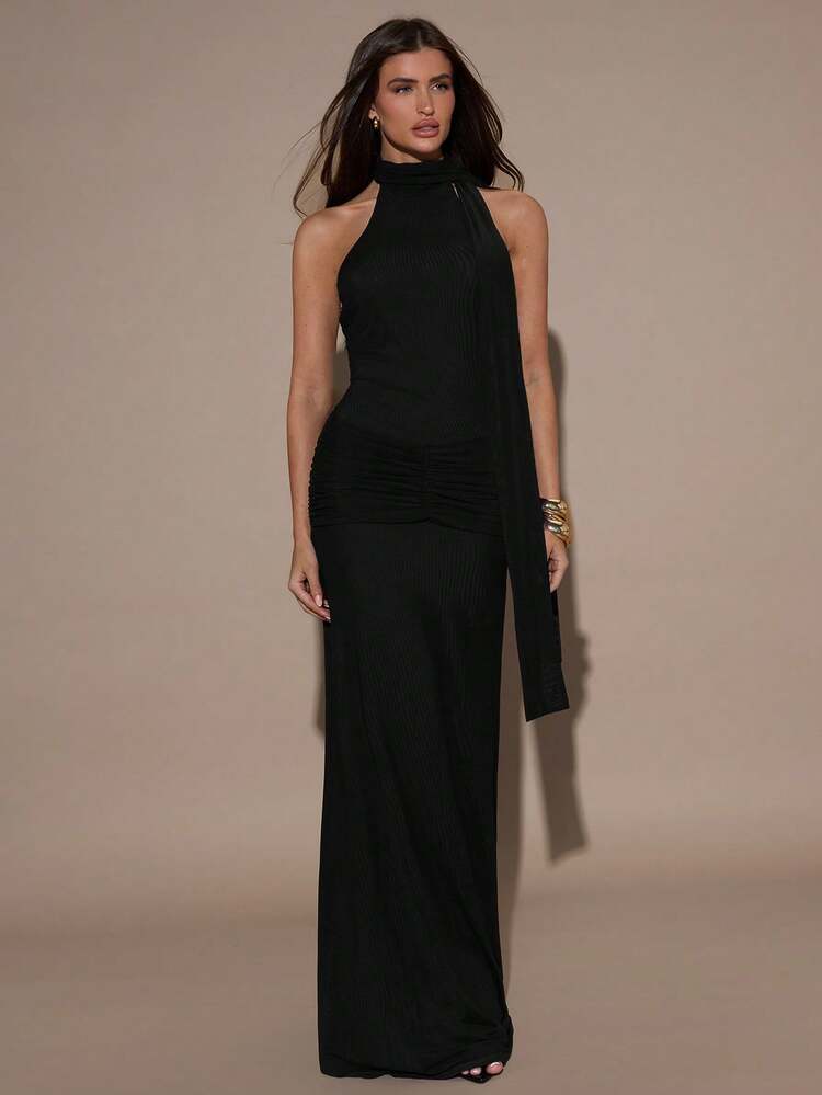 SHEIN BAE فستان نسائي بلون أحادي بدون أكمام مطابق مطوي - الأسود - مشاهدة 5