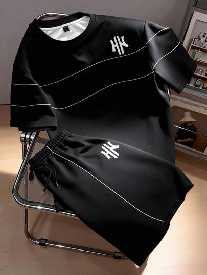 Manfinity Joysei Men's Casual Daily Commute Letter Print Contrast Piping Short Sleeve T-Shirt And Drawstring Waist Shorts Set, Summer Spring To Summer Vacation Outfits  Holiday Outfits Summer Holiday Outfits 2 Piece Sets