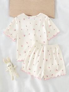 2 pezzi/set Pigiama per bambine con cardigan a maniche corte e pantaloncini con motivo floreale, morbido e confortevole - Multicolore - Visualizzare 3