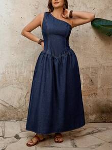 EMERY ROSE 大码纯色褶皱不对称肩部无袖牛仔夏季连衣裙 - 藍色 - 查看 5