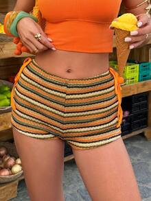 Selianne Women's Summer Vacation Striped Side Tie Shorts - Army Green - View 1