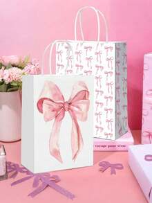 粉色蝴蝶结礼品袋，12个装 - 可重复使用的牛皮纸礼品袋，带提手，适用于婚礼、生日、婴儿派对、单身派对回礼、圣诞礼物和派对装饰 - 彩色 - 查看 3