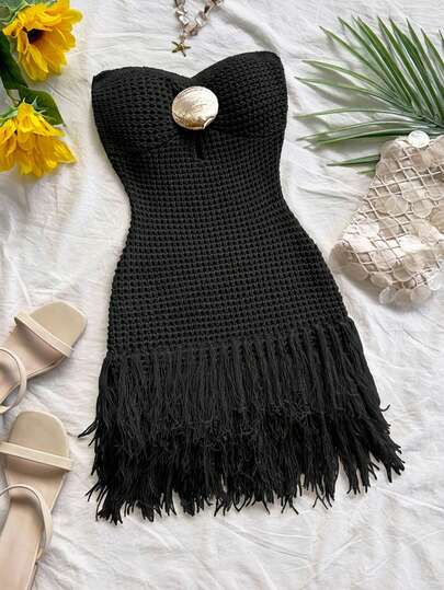 Soleia Women's Vacation Knit Textured Metallic Fringe Mini Dress, Sexy Party Date Beach Holiday Summer Outfit, Suitable For Holiday Date, Afternoon Tea, Wedding Season, Beach Cruise Vacation, City Road Trip Vacation, Boho Vacation, Music Festival