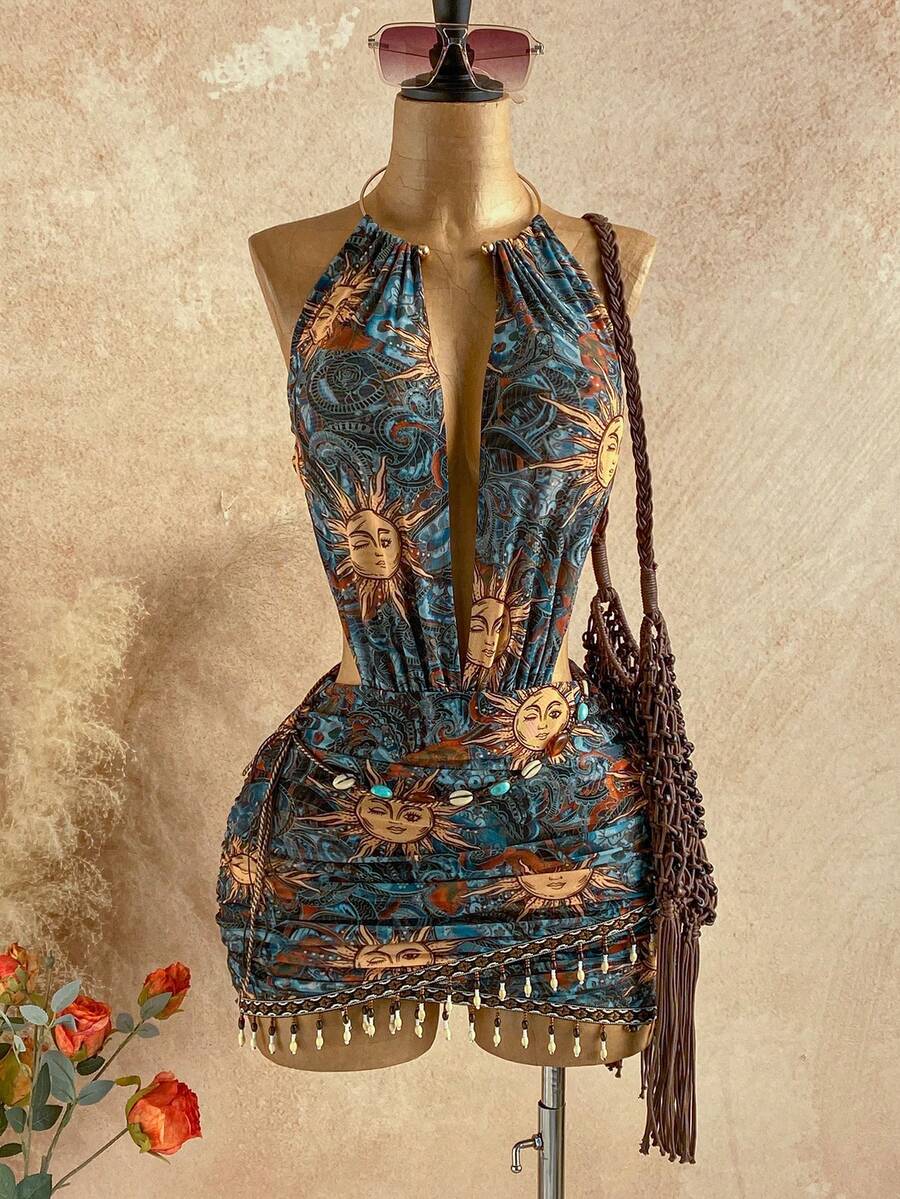 Soleia 女士性感复古图案网纱深V领串珠装饰紧身迷你连衣裙，适合节日派对、圣诞节、约会之夜、夜店、波西米亚风、度假、秋季等场合。 - 藍色 - 查看 1