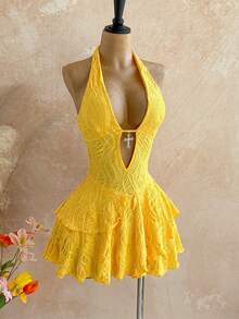 Soleia Đầm ngắn gợi cảm cổ chữ V, khoét sâu, dây buộc cổ, hở lưng, chất liệu vải dệt họa tiết, nhiều lớp, vạt không đều, thích hợp cho tiệc tùng, Giáng sinh, hẹn hò, hộp đêm, bãi biển, du thuyền, trà chiều, phong cách Bohemian, Boho, kỳ nghỉ, trang phục mùa thu dành cho nữ, phong cách vintage. - Màu vàng - Xem 3