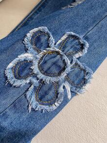 Girls (Small) Floral Design Blue Loose Fit Casual Jeans - Blue - View 4