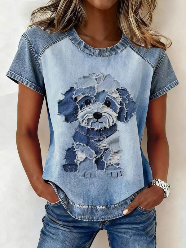 EMERY ROSE Women's Casual Dog Graphic T-Shirt, Denim Effect, Summer