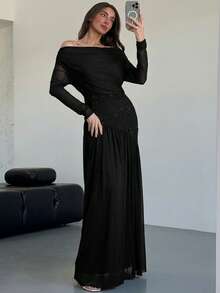 Aloruh 新款露肩长袖撞色网纱刺绣不对称下摆拼接高弹显瘦连衣裙 - 黑色 - 查看 6