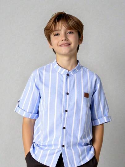 SHEIN 1pc Tween Boys' Mandarin Collar Gentleman Striped Casual Short Sleeve Shirt, Soft Fabric, Comfortable, Versatile For Spring/Summer, Suitable For Outdoor, School, Photography, Various Occasions, Relaxed & Fashionable Fit, Popular Casual Shirt For Tween Boys
