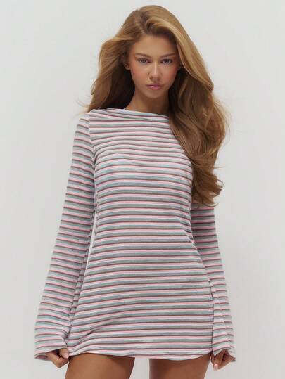 Musera Resort Slash Neckline Flare Long Sleeve Knit Mini Dress Beach Cover Up Summer Swim Knitted Beachwear Vacation Everyday Sexy Cute Travel Bambola