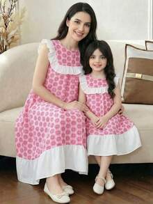 SHEIN Young Girl Woven Contrast Color Round Neck Ruffle Hem Casual Dress - Pink - View 5