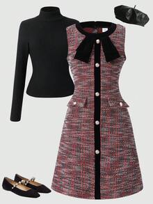 Conjunto de camiseta de cuello alto sólida y vestido ajustado sin mangas con bolsillo falso y lazo para niña preadolescente, elegante y vintage, adecuado para uso diario, citas y reuniones - Negro - Ver 1