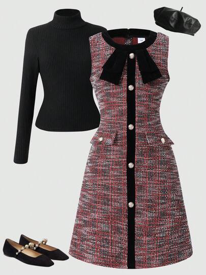 Conjunto de camiseta de cuello alto sólida y vestido ajustado sin mangas con bolsillo falso y lazo para niña preadolescente, elegante y vintage, adecuado para uso diario, citas y reuniones