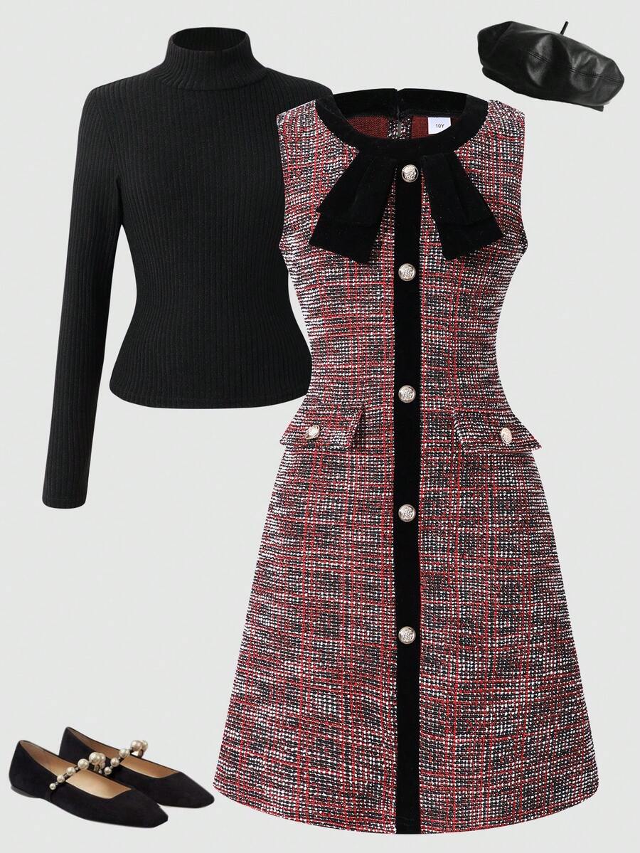 Conjunto de camiseta de cuello alto sólida y vestido ajustado sin mangas con bolsillo falso y lazo para niña preadolescente, elegante y vintage, adecuado para uso diario, citas y reuniones - Negro - Ver 1