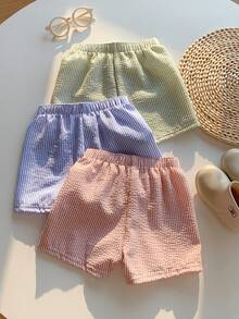 SHEIN 男女宝宝三件套可爱薄纱条纹泳裤泳衣套装，适合海滩、游泳和日常穿着 - 彩色 - 查看 2