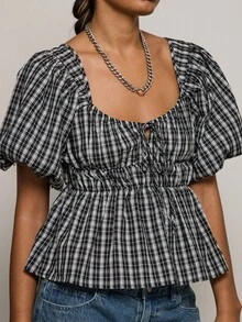 COUREZ PUFF SLEEVE BACKLESS SHIRT IN MICRO CHECK - Black and White - View 7