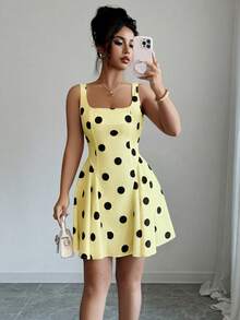 Elenzga 方领黑色波点优雅短裙 - 淡黃色 - 查看 5