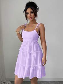 Elenzga Đầm hai dây viền bèo chấm bi Thụy Sĩ, trang phục đi biển cho nữ. - Màu tím hoa cà - Xem 5