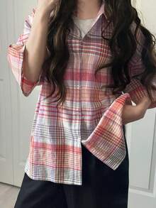 FRIFUL Women's Spring/Summer Plaid Short Sleeve Layered Loose Casual Versatile Blouse - Multicolor - View 7