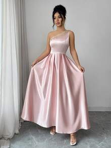 Elenzga Women Elegant Pink Sleeveless Long Dress Asymmetrical Neck With Delicate Gold Embroidery Flared Silhouette Bride Prom Gown - Pink - View 8