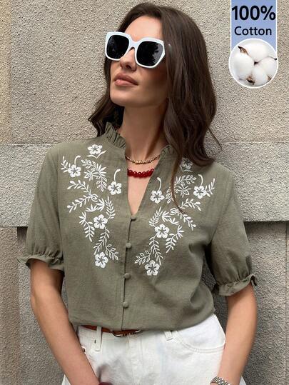 Solivie 女士优雅刺绣衬衫，春夏短袖衬衫，度假优雅波西米亚风夏季外出上衣