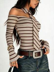 Rina Fox Women's Striped Off-Shoulder T-Shirt With Tie, Casual Versatile For Dating And Outings, Long Sleeve - Brown - View 3