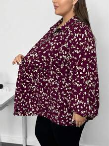 SHEIN CURVE+ 大码女式休闲灯笼袖印花衬衫，适合春、秋、冬三季穿着/秋季/冬季/2026/新年 - 酒紅色 - 查看 4