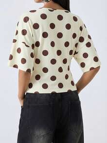 LYSMO 2026 New Arrival Women's Simple Brown Polka Dot Flare Sleeve Shirt, Versatile For Commuting/Christmas/New Year/Thanksgiving/Graduation, Elegant & Fashionable, Casual Comfortable Homewear, Deep V-Neck Design, Figue Color - Multicolor - View 2