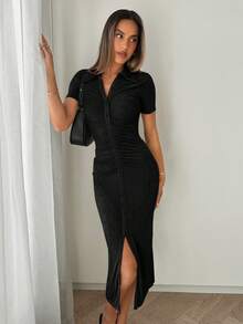 SHEIN Essnce Ruched Button Through Bodycon Dress - Black - View 6