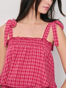 Nöista Áo kiểu kẻ caro với dây buộc điều chỉnh được, cổ áo xếp ly và thiết kế nhiều lớp với tua rua ở gấu áo. Thích hợp cho mùa xuân, hè và lễ Phục sinh. - Đỏ - Xem 5