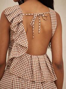 NYA SZN 女士格子圆领露背拼接荷叶边下摆无袖上衣 - 棕色 - 查看 1