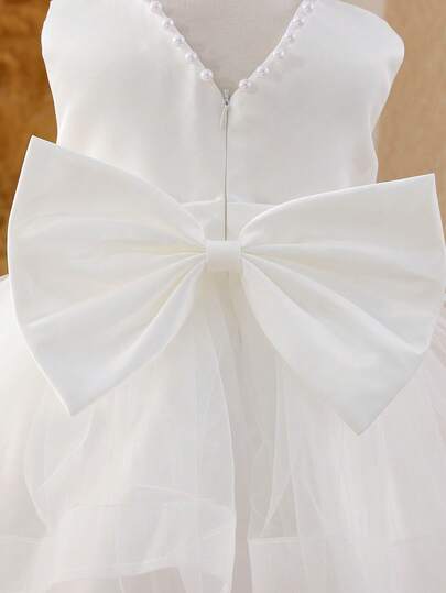 Glamorique Kids Party 4-Season Baby Girls' White Pearl Collar Sleeveless Backless Bow Waist Layered Tulle Skirt Elegant Princess Dress For Wedding/Party