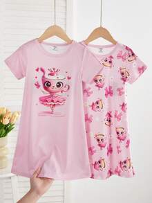 Genkimix Kids 2件套女童可爱卡通绵羊印花睡衣套装，简约时尚粉色和灰色，睡衣 - 粉色 - 查看 4