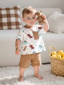 SHEIN Vintaside Kids Bộ đồ 2 món cho bé trai/bé gái: áo thun gân phối màu tương phản và quần dài màu xanh dương, trang phục thường ngày thoải mái, đa năng, phù hợp cho các dịp hè. - Màu Khaki - Xem 5