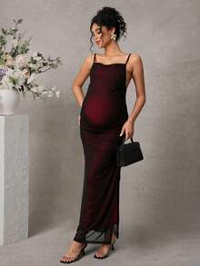 Momance 孕妇纯色网纱拼接优雅派对鸡尾酒礼服 - 酒紅色 - 查看 1