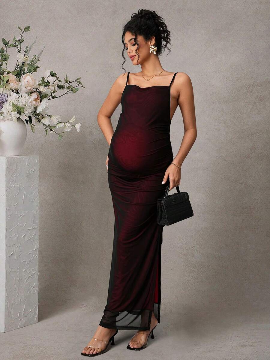 Momance 孕妇纯色网纱拼接优雅派对鸡尾酒礼服 - 酒紅色 - 查看 1