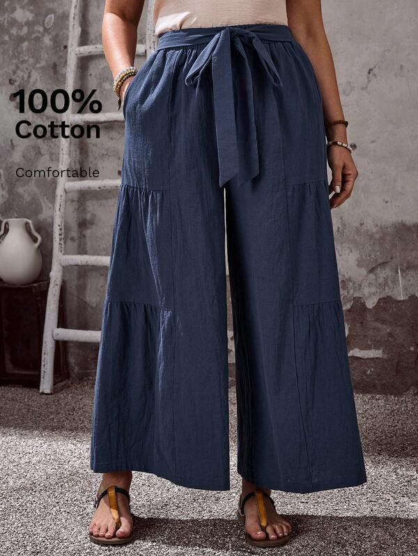 EMERY ROSE Plus Size Women's Summer Casual Vacation Country  Tie-Up Solid Color Navy Blue Wide Leg Pants With Pockets,  Summer Holiday,Spring Break Outfits ,Vacation Outfits Women ,Holiday Outfits For Women,Spring Dress Women,Going Out Outfits,2026 New Clothes,Simple And Fashionable For Everyday Wear,Boho Pants For Women, Wide Leg Pants ,Bohemela Pants