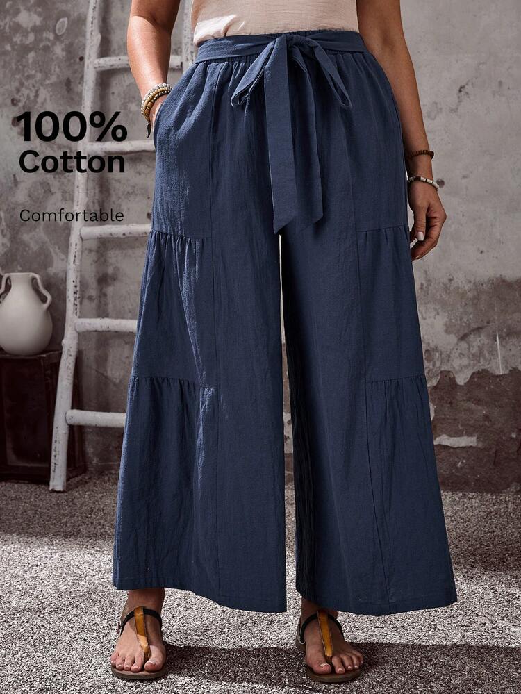 Plus Size Women's Summer Casual Vacation Country Tie-Up Solid Color Navy Blue Wide Leg Pants With Pockets, Summer Holiday,Spring Break, Vacation Women, Holiday For Women,Going Out,2026 New,Simple And Fashionable For Everyday Wear,Boho Pants For Women, Wide Leg Pants, Bohemia Pants Wide Leg Summer Pants Women Wide Leg Pants, Loose Pants For Women, Pants Women,Suitable For Summer, Vacation, Commute, Daily Wear